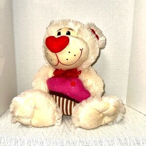 Huge 19” Plush Valentines Teddy Bear with Cupcake - Cream and Red Smoke pet free